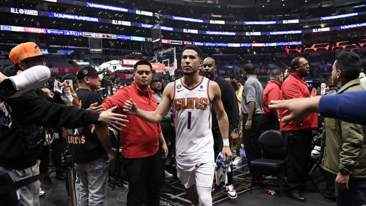 LOS ANGELES, CA – APRIL 22: Devin Booker of the Phoenix Suns. (Photo by Kevork Djansezian/Getty Images)