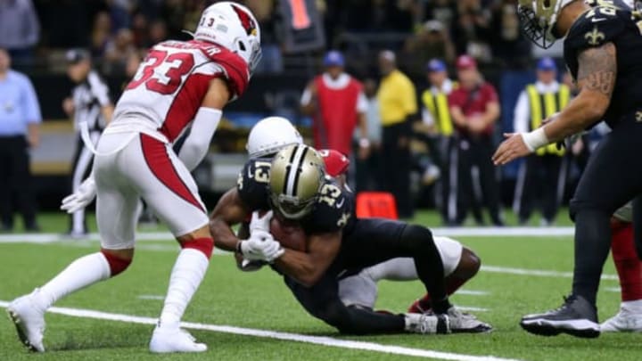 NEW ORLEANS, LOUISIANA – OCTOBER 27: Michael Thomas #13 of the New Orleans Saints scores a touchdown as Patrick Peterson #21 of the Arizona Cardinals and Byron Murphy #33 defend during the second half of a game at the Mercedes Benz Superdome on October 27, 2019 in New Orleans, Louisiana. (Photo by Jonathan Bachman/Getty Images)