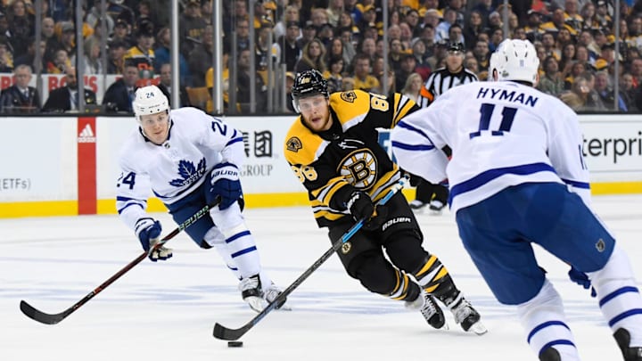 BOSTON, MA - APRIL 14: David Pastrnak #88 of the Boston Bruins skates with the puck against the Toronto Maple Leafs during the First Round of the 2018 Stanley Cup Playoffs at the TD Garden on April 14, 2018 in Boston, Massachusetts. (Photo by Brian Babineau/NHLI via Getty Images) *** Local Caption *** David Pastrnak