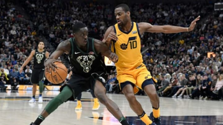 SALT LAKE CITY, UT – NOVEMBER 25: Tony Snell #21 of the Milwaukee Bucks controls the ball while being defended by Alec Burks #10 of the Utah Jazz in the second half of the 121-108 win by the Jazz at Vivint Smart Home Arena on November 25, 2017 in Salt Lake City, Utah. NOTE TO USER: User expressly acknowledges and agrees that, by downloading and or using this photograph, User is consenting to the terms and conditions of the Getty Images License Agreement. (Photo by Gene Sweeney Jr./Getty Images)