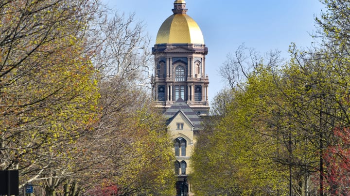 Apr 23, 2022; Notre Dame football, Indiana, USA; The University of Notre Dame main building and golden dome are seen before the annual Blue-Gold game at Notre Dame Stadium. Mandatory Credit: Matt Cashore-USA TODAY Sports