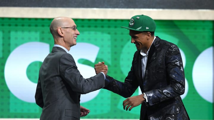 NEW YORK, NEW YORK – JUNE 20: Matisse Thybulle poses with NBA Commissioner Adam Silver. (Photo by Sarah Stier/Getty Images)