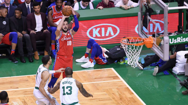 BOSTON, MA - APRIL 30: Marco Belinelli #18 of the Philadelphia 76ers shoots the ball against Jayson Tatum #0 of the Boston Celtics during Game One of the Eastern Conference Semifinals of the 2018 NBA Playoffs on April 30, 2018 at TD Garden on April 30, 2018 in Boston, Massachusetts. NOTE TO USER: User expressly acknowledges and agrees that, by downloading and or using this photograph, User is consenting to the terms and conditions of the Getty Images License Agreement. (Photo by Matteo Marchi/Getty Images) *** Local Caption *** Marco Belinelli; Jayson Tatum