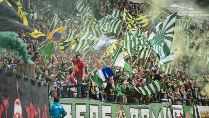 Jul 17, 2016; Portland, OR, USA; Portland Timbers fans celebrate after midfielder Diego Valeri (8) scored a goal during the first half in a game against the Seattle Sounders at Providence Park. Mandatory Credit: Troy Wayrynen-USA TODAY Sports