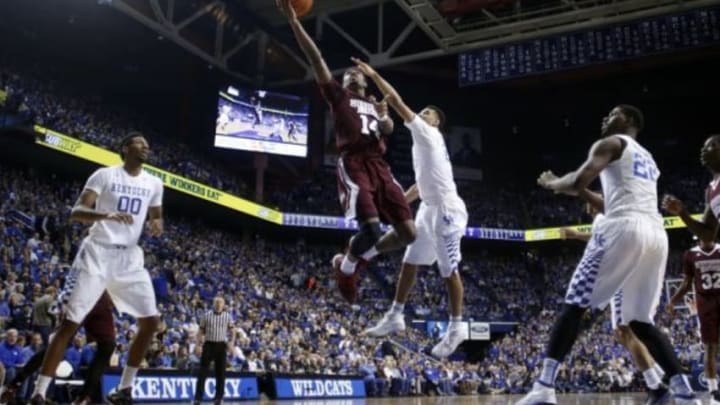 Jan 12, 2016; Lexington, KY, USA; Mississippi State Bulldogs guard Malik Newman (14) shoots the ball against the Kentucky Wildcats in the first half at Rupp Arena. Kentucky defeated Mississippi State 80-74. Mandatory Credit: Mark Zerof-USA TODAY Sports