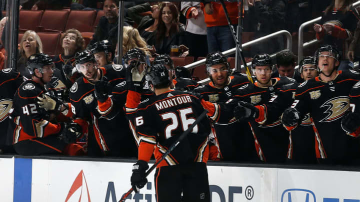 ANAHEIM, CA – NOVEMBER 18: Brandon Montour #26 of the Anaheim Ducks celebrates his first period goal with his teammates during the game against the Colorado Avalanche on November 18, 2018 at Honda Center in Anaheim, California. (Photo by Debora Robinson/NHLI via Getty Images)