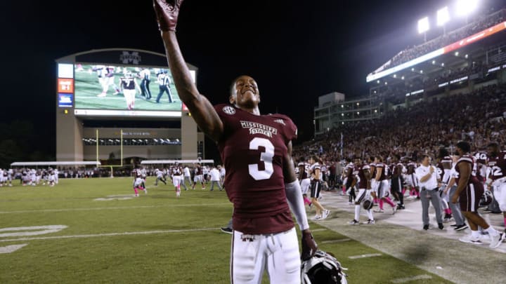 STARKVILLE, MS - OCTOBER 06: Cameron Dantzler #3 of the Mississippi State Bulldogs celebrates a win over the Auburn Tigers at Davis Wade Stadium on October 6, 2018 in Starkville, Mississippi. The Mississippi State Bulldogs won 23-9. (Photo by Jonathan Bachman/Getty Images)