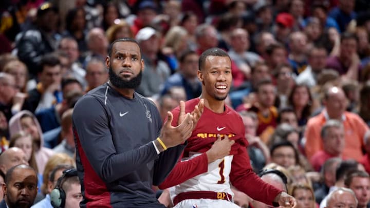 CLEVELAND, OH - APRIL 3: LeBron James #23 and Rodney Hood #1 of the Cleveland Cavaliers look on during the game against the Toronto Raptors on April 3, 2018 at Quicken Loans Arena in Cleveland, Ohio. NOTE TO USER: User expressly acknowledges and agrees that, by downloading and/or using this Photograph, user is consenting to the terms and conditions of the Getty Images License Agreement. Mandatory Copyright Notice: Copyright 2018 NBAE (Photo by David Liam Kyle/NBAE via Getty Images)