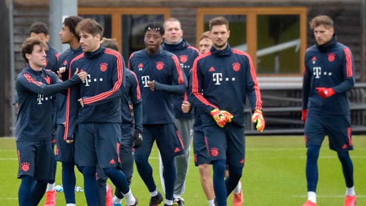 German first division Bundesliga football club Bayern Munich's players take part in a training session at the club's training area in Munich, southern Germany, on February 24, 2020, on the eve of their UEFA Champions League last 16, first leg match against FC Chelsea. (Photo by GUENTER SCHIFFMANN / AFP) (Photo by GUENTER SCHIFFMANN/AFP via Getty Images)