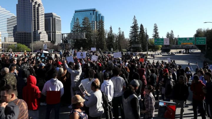 SACRAMENTO, CA - MARCH 22: Black Lives Matter protesters block Interstate 5 during a demonstration on March 22, 2018 in Sacramento, California. Hundreds of protesters staged a demonstration against the Sacramento police department after two officers shot and killed Stephon Clark, an unarmed black man, in the backyard of his grandmother's house following a foot pursuit on Sunday evening. (Photo by Justin Sullivan/Getty Images)
