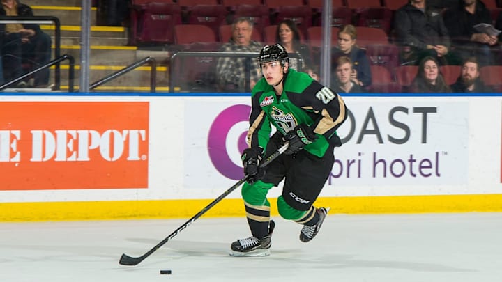 KELOWNA, BC – JANUARY 19: Brett Leason #20 of the Prince Albert Raiders skates with the puck against the Kelowna Rockets at Prospera Place on January 19, 2019 in Kelowna, Canada. (Photo by Marissa Baecker/Getty Images)