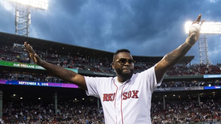 BOSTON, MA - SEPTEMBER 9: Former designated hitter David Ortiz #34 of the Boston Red Sox is introduced before throwing out a ceremonial first pitch as he returns to Fenway Park before a game against the New York Yankees on September 9, 2019 at Fenway Park in Boston, Massachusetts. (Photo by Billie Weiss/Boston Red Sox/Getty Images)