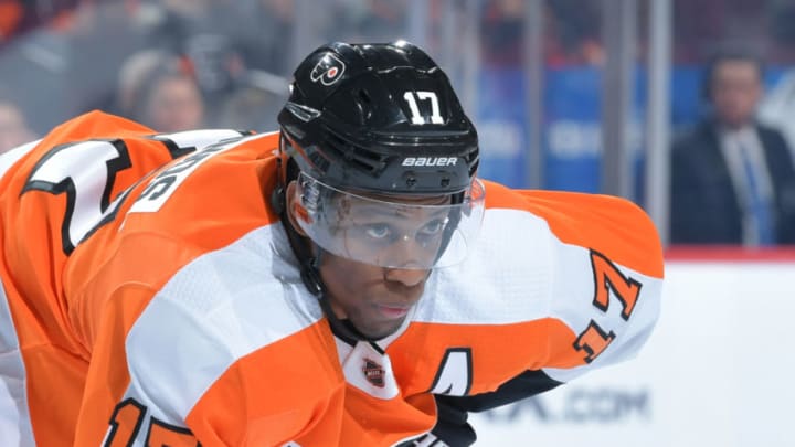 PHILADELPHIA, PENNSYLVANIA - JANUARY 14: Wayne Simmonds #17 of the Philadelphia Flyers looks on against the Minnesota Wild at Wells Fargo Center on January 14, 2019 in Philadelphia, Pennsylvania. (Photo by Drew Hallowell/Getty Images)