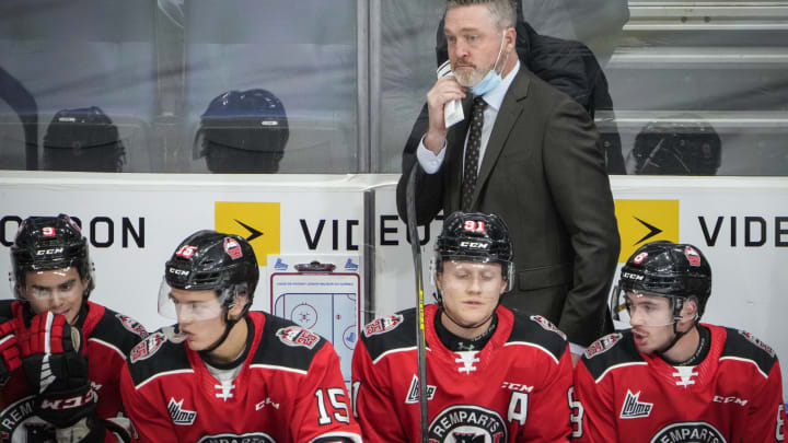 QUEBEC CITY, QC – OCTOBER 27: Patrick Roy, head coach of the Quebec Remparts, looks on during his team QMJHL hockey game against the Acadie-Bathurst Titan at the Videotron Center on October 27, 2021 in Quebec City, Quebec, Canada. (Photo by Mathieu Belanger/Getty Images)