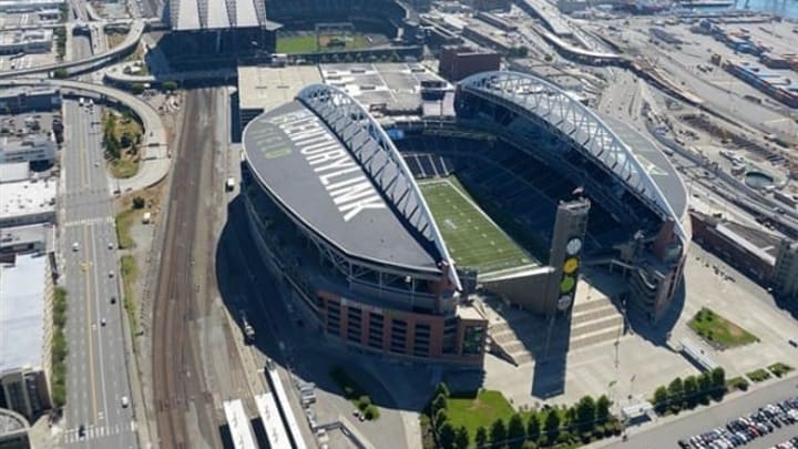 Aug 6, 2013; Seattle, WA, USA; Aerial view of CenturyLink Field (foreground) and Safeco Field. Mandatory Credit: Kirby Lee-USA TODAY Sports