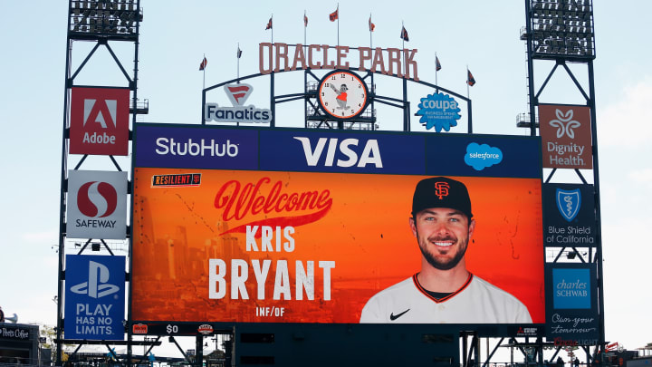 SAN FRANCISCO, CALIFORNIA – AUGUST 01: The scoreboard displays a message for Kris Bryant #23 of the San Francisco Giants before the game against the Houston Astros at Oracle Park on August 01, 2021 in San Francisco, California. Bryant was acquired by the Giants in a trade with the Chicago Cubs on July 30. (Photo by Lachlan Cunningham/Getty Images)