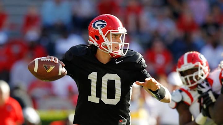 Apr 16, 2016; Athens, GA, USA; Detailed view of a Georgia Bulldogs helmet on the sidelines during the second half of the spring game at Sanford Stadium. The Black team defeated the Red team 34-14. Mandatory Credit: Brett Davis-USA TODAY Sports