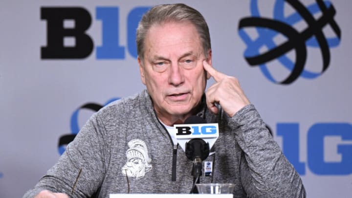 CHICAGO, ILLINOIS - MARCH 10: Head coach Tom Izzo of the Michigan State Spartans takes questions from media after the game against the Ohio State Buckeyes in the quarterfinals of the Big Ten Tournament at United Center on March 10, 2023 in Chicago, Illinois. (Photo by Quinn Harris/Getty Images)
