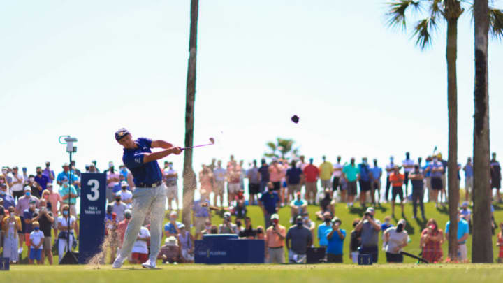 PONTE VEDRA BEACH, FLORIDA - MARCH 12: Bryson DeChambeau of the United States plays his shot from the third tee during the second round of THE PLAYERS Championship on THE PLAYERS Stadium Course at TPC Sawgrass on March 12, 2021 in Ponte Vedra Beach, Florida. (Photo by Mike Ehrmann/Getty Images)