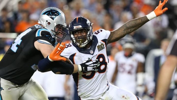 Feb 7, 2016; Santa Clara, CA, USA; Denver Broncos outside linebacker Von Miller (58) rushes the passer against Carolina Panthers tackle Mike Remmers (74) in Super Bowl 50 at Levi