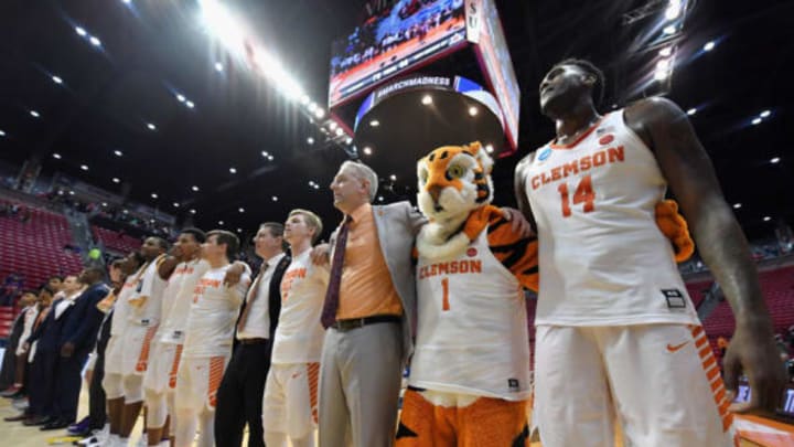 SAN DIEGO, CA – MARCH 16: The Clemson Tigers celebrate their 79-68 win over the New Mexico State Aggies in the first round of the 2018 NCAA Men’s Basketball Tournament at Viejas Arena on March 16, 2018 in San Diego, California. (Photo by Donald Miralle/Getty Images)