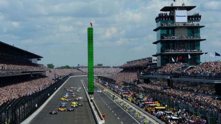 INDIANAPOLIS, IN - MAY 29: James Hinchcliffe of Canada, driver of the #5 ARROW Schmidt Peterson Motorsports Chevrolet, leads the field at the start of the 100th running of the Indianapolis 500 at Indianapolis Motorspeedway on May 29, 2016 in Indianapolis, Indiana. (Photo by Robert Laberge/Getty Images)
