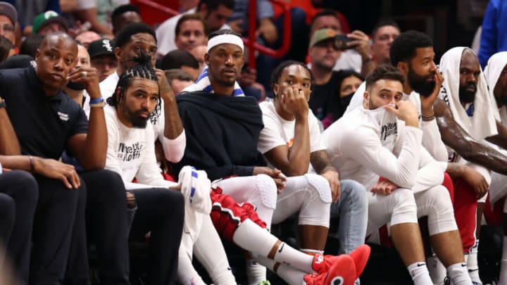 The Miami Heat bench looks on during the fourth quarter against the Boston Celtics in Game Two of the 2022 NBA Playoffs Eastern Conference Finals(Photo by Michael Reaves/Getty Images)