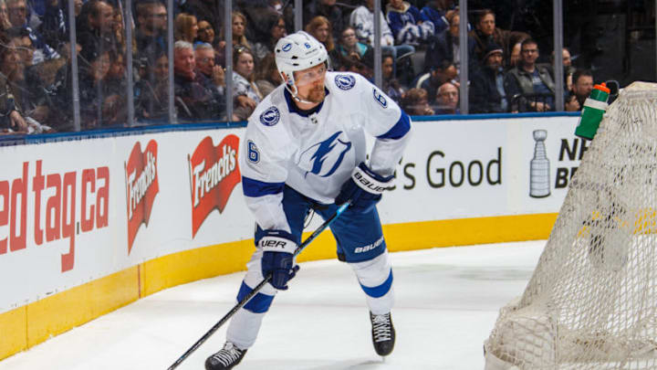 TORONTO, ON - APRIL 4: Anton Stralman #6 of the Tampa Bay Lightning skates with the puck against the Toronto Maple Leafs during the second period at the Scotiabank Arena on April 4, 2019 in Toronto, Ontario, Canada. (Photo by Kevin Sousa/NHLI via Getty Images)