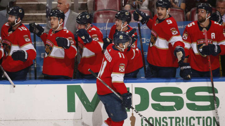 SUNRISE, FL - DECEMBER 20: Jonathan Huberdeau #11 of the Florida Panthers celebrates his goal with teammates during the first period against the Dallas Stars at the BB&T Center on December 20, 2019 in Sunrise, Florida. (Photo by Eliot J. Schechter/NHLI via Getty Images)