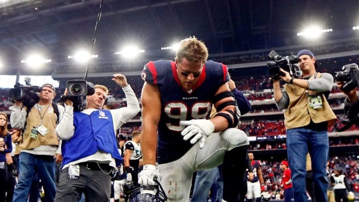 Jan 3, 2016; Houston, TX, USA; Houston Texans defensive end J.J. Watt (99) reacts on the field after the game against the Jacksonville Jaguars at NRG Stadium. Mandatory Credit: Kevin Jairaj-USA TODAY Sports