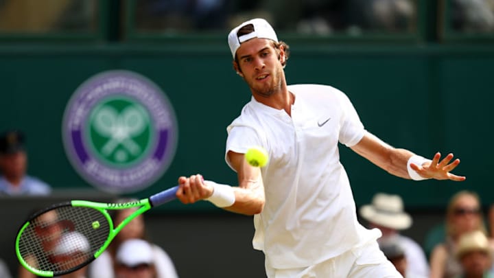 LONDON, ENGLAND - JULY 07: Karen Khachanov of Russia plays a forehand during the Gentlemen's Singles third round match against Rafael Nadal of Spain on day five of the Wimbledon Lawn Tennis Championships at the All England Lawn Tennis and Croquet Club on July 7, 2017 in London, England. (Photo by Michael Steele/Getty Images)