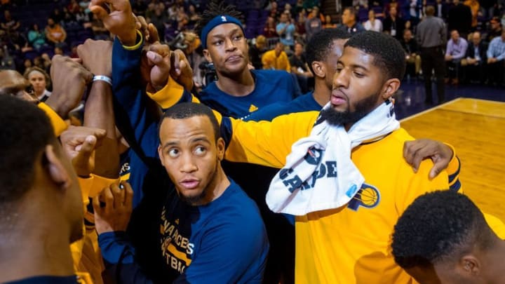 Dec 7, 2016; Phoenix, AZ, USA; Indiana Pacers guard Monta Ellis (left), center Myles Turner (center and forward Paul George in the huddle with teammates prior to the game against the Phoenix Suns at Talking Stick Resort Arena. The Pacers defeated the Suns 109-94. Mandatory Credit: Mark J. Rebilas-USA TODAY Sports