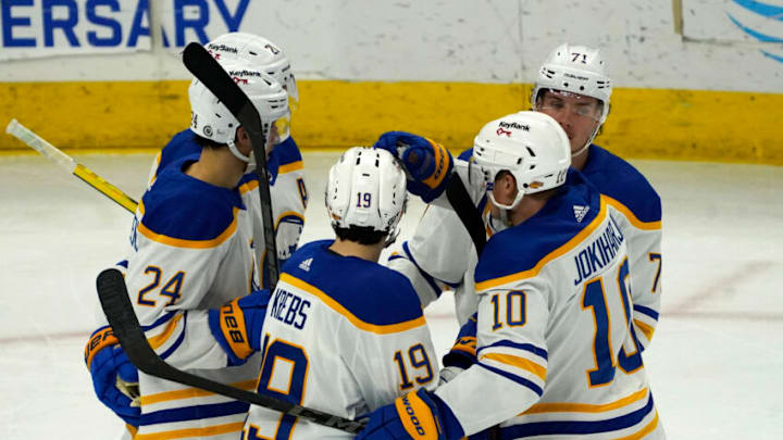 Mar 28, 2022; Chicago, Illinois, USA; Buffalo Sabres left wing Victor Olofsson (71) celebrates his goal against the Chicago Blackhawks during the second period at United Center. Mandatory Credit: David Banks-USA TODAY Sports