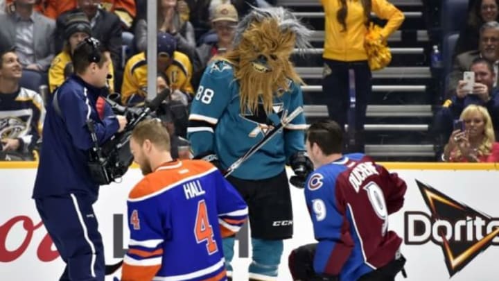 Jan 30, 2016; Nashville, TN, USA; Pacific Division defenseman Brent Burns (88) of the San Jose Sharks wears a Chewbacca mask during the 2016 NHL All Star Game Skills Competition at Bridgestone Arena. Mandatory Credit: Christopher Hanewinckel-USA TODAY Sports