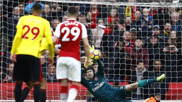 LONDON, ENGLAND - MARCH 11: Troy Deeney (Not Pictured) of Watford sees his penalty saved by Petr Cech of Arsenal during the Premier League match between Arsenal and Watford at Emirates Stadium on March 11, 2018 in London, England. (Photo by Julian Finney/Getty Images)