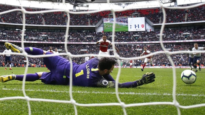 LONDON, ENGLAND - MARCH 02: Pierre-Emerick Aubameyang of Arsenal has his penalty saved by Hugo Lloris of Tottenham during the Premier League match between Tottenham Hotspur and Arsenal FC at Wembley Stadium on March 02, 2019 in London, United Kingdom. (Photo by Julian Finney/Getty Images)