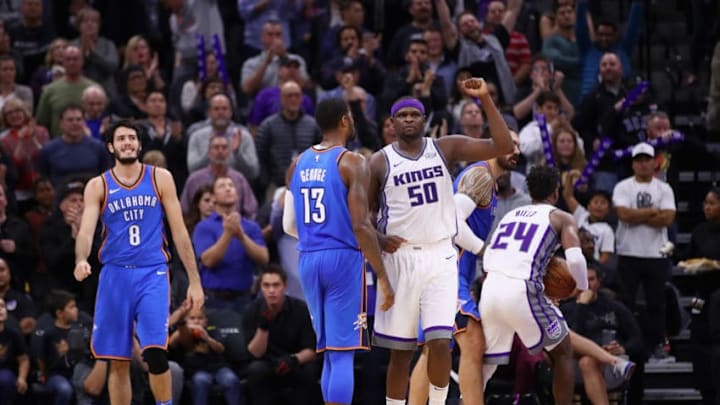 SACRAMENTO, CA - NOVEMBER 07: Zach Randolph #50 of the Sacramento Kings reacts in the final minute of their win against the Oklahoma City Thunder at Golden 1 Center on November 7, 2017 in Sacramento, California. NOTE TO USER: User expressly acknowledges and agrees that, by downloading and or using this photograph, User is consenting to the terms and conditions of the Getty Images License Agreement. (Photo by Ezra Shaw/Getty Images)