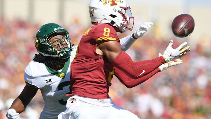 Sep 24, 2022; Ames, Iowa, USA; Iowa State Cyclones wide receiver Xavier Hutchinson (8) catches the ball around Baylor Bears defensive back Mark Milton (3) during the first quarter at Jack Trice Stadium. Mandatory Credit: Nirmalendu Majumdar/Ames Tribune-USA TODAY Sports