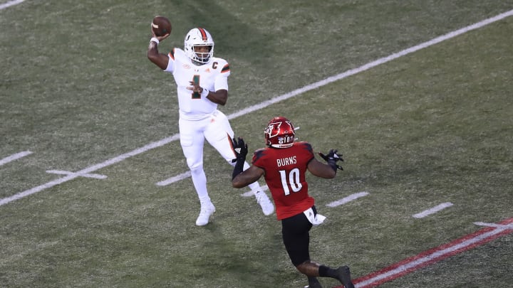 LOUISVILLE, KENTUCKY – SEPTEMBER 19: D’ Eriq King #1 of the Miami Hurricanes passes the ball against the Louisville Cardinals at Cardinal Stadium on September 19, 2020 in Louisville, Kentucky. (Photo by Andy Lyons/Getty Images)