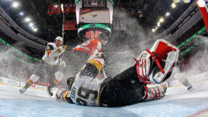 PHILADELPHIA, PA – MARCH 12: Marc-Andre Fleury #29 of the Vegas Golden Knights slides across his crease as Colin Miller #6 defends against Claude Giroux #28 of the Philadelphia Flyers on March 12, 2018, at the Wells Fargo Center in Philadelphia, Pennsylvania. The Golden Knights went on to defeat the Flyers 3-2. Tonight’s win was the 400th in Fleury’s NHL career. (Photo by Len Redkoles/NHLI via Getty Images)