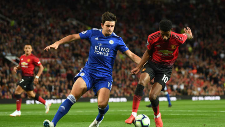 MANCHESTER, ENGLAND - AUGUST 10: Marcus Rashford of Manchester United battles for possession with Harry Maguire of Leicester City during the Premier League match between Manchester United and Leicester City at Old Trafford on August 10, 2018 in Manchester, United Kingdom. (Photo by Michael Regan/Getty Images)