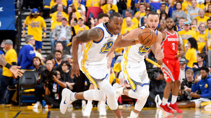 OAKLAND, CA - MAY 20: Andre Iguodala #9 of the Golden State Warriors handles the ball against the Houston Rockets during Game Three of the Western Conference Finals during the 2018 NBA Playoffs on May 20, 2018 at ORACLE Arena in Oakland, California. NOTE TO USER: User expressly acknowledges and agrees that, by downloading and/or using this Photograph, user is consenting to the terms and conditions of the Getty Images License Agreement. Mandatory Copyright Notice: Copyright 2018 NBAE (Photo by Andrew D. Bernstein/NBAE via Getty Images)