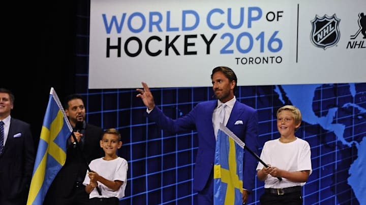 TORONTO, ON - SEPTEMBER 9: Henrik Lundqvist of Team Sweden is introduced during the World Cup of Hockey Media Event on September 9, 2015 at Air Canada Centre in Toronto, Ontario, Canada. (Photo by Graig Abel/NHLI via Getty Images)
