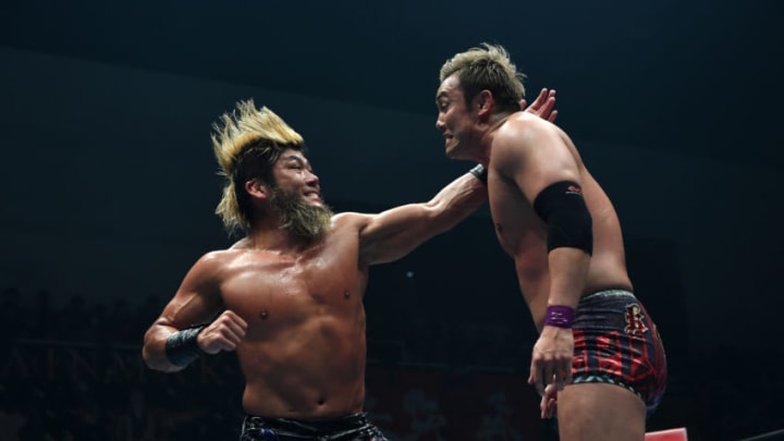 NAGAOKA,JAPAN - MARCH 24: Kazuchika Okada and SANADA comptete in the final bout during the New Japan Cup of NJPW at Aore Nagaoka on March 24, 2019 in Nagaoka, Japan. (Photo by Etsuo Hara/Getty Images)
