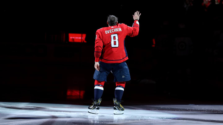 WASHINGTON, DC – FEBRUARY 25: Alex Ovechkin #8 of the Washington Capitals acknowledges the crowd as he is honored for scoring 700 career NHL goals prior to playing against the Winnipeg Jets at Capital One Arena on February 25, 2020 in Washington, DC. (Photo by Patrick Smith/Getty Images)