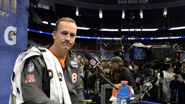 Jan 28, 2014; Newark, NJ, USA; Denver Broncos quarterback Peyton Manning speaks to the media during Media Day for Super Bowl XLVIII at Prudential Center. Mandatory Credit: Robert Deutsch-USA TODAY Sports
