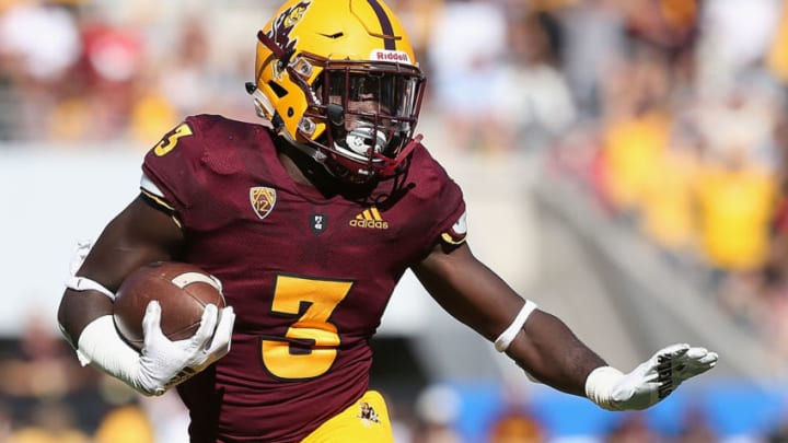 TEMPE, AZ - NOVEMBER 03: Running back Eno Benjamin #3 of the Arizona State Sun Devils rushes the football against the Utah Utes during the first half of the college football game at Sun Devil Stadium on November 3, 2018 in Tempe, Arizona. (Photo by Christian Petersen/Getty Images)