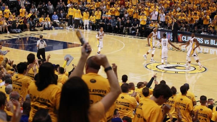 Apr 29, 2016; Indianapolis, IN, USA; Indiana Pacers fans cheer from the stands during the Pacers' game against the Toronto Raptors in the second half in game six of the first round of the 2016 NBA Playoffs at Bankers Life Fieldhouse. Indiana defeats Toronto 101-83. Mandatory Credit: Brian Spurlock-USA TODAY Sports