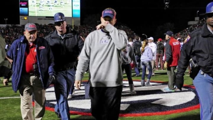 Nov 1, 2014; Oxford, MS, USA; Ole Miss Rebels head coach Hugh Freeze reacts after the game against the Auburn Tigers at Vaught-Hemingway Stadium. Auburn won 35-31. Mandatory Credit: Shanna Lockwood-USA TODAY Sports Nov 1, 2014; Oxford, MS, USA; Ole Miss Rebels head coach Hugh Freeze reacts after the game against the Auburn Tigers at Vaught-Hemingway Stadium. Auburn won 35-31. Mandatory Credit: Shanna Lockwood-USA TODAY Sports
