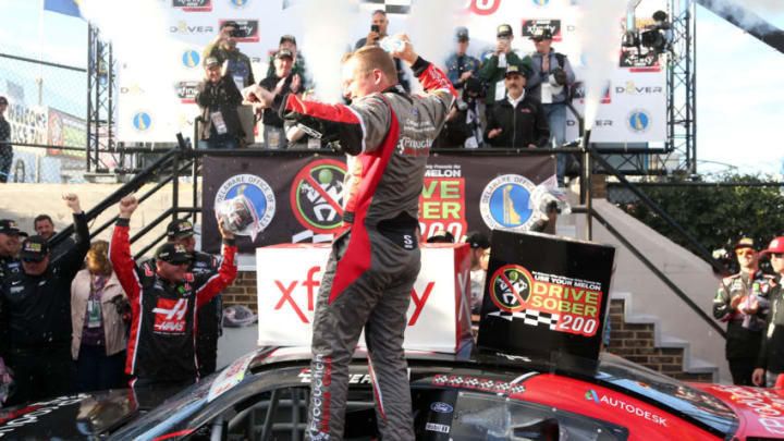 DOVER, DELAWARE - OCTOBER 05: Cole Custer, driver of the #00 Production Alliance Group Ford, celebrates in Victory Lane after winning the NASCAR Xfinity Series Use Your Melon Drive Sober 200 at Dover International Speedway on October 05, 2019 in Dover, Delaware. (Photo by Matt Sullivan/Getty Images)